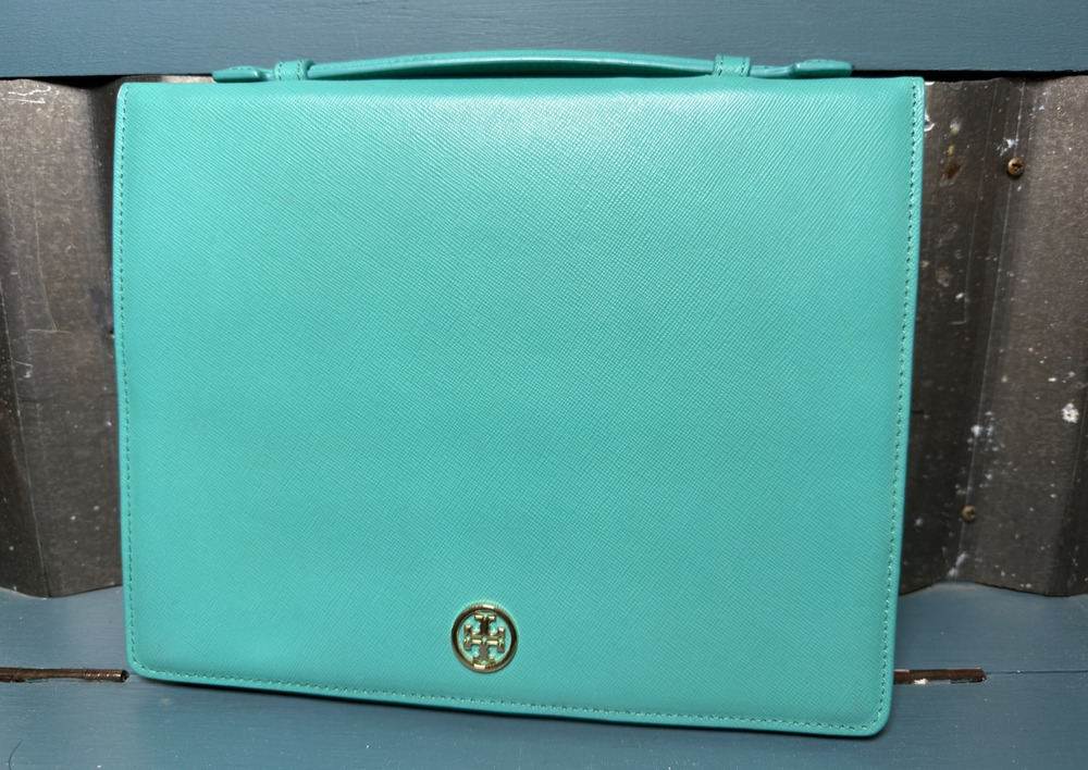 Tory Burch Saffiano Leather iPad Tablet Case Folio Turquoise Teal w/ Handle